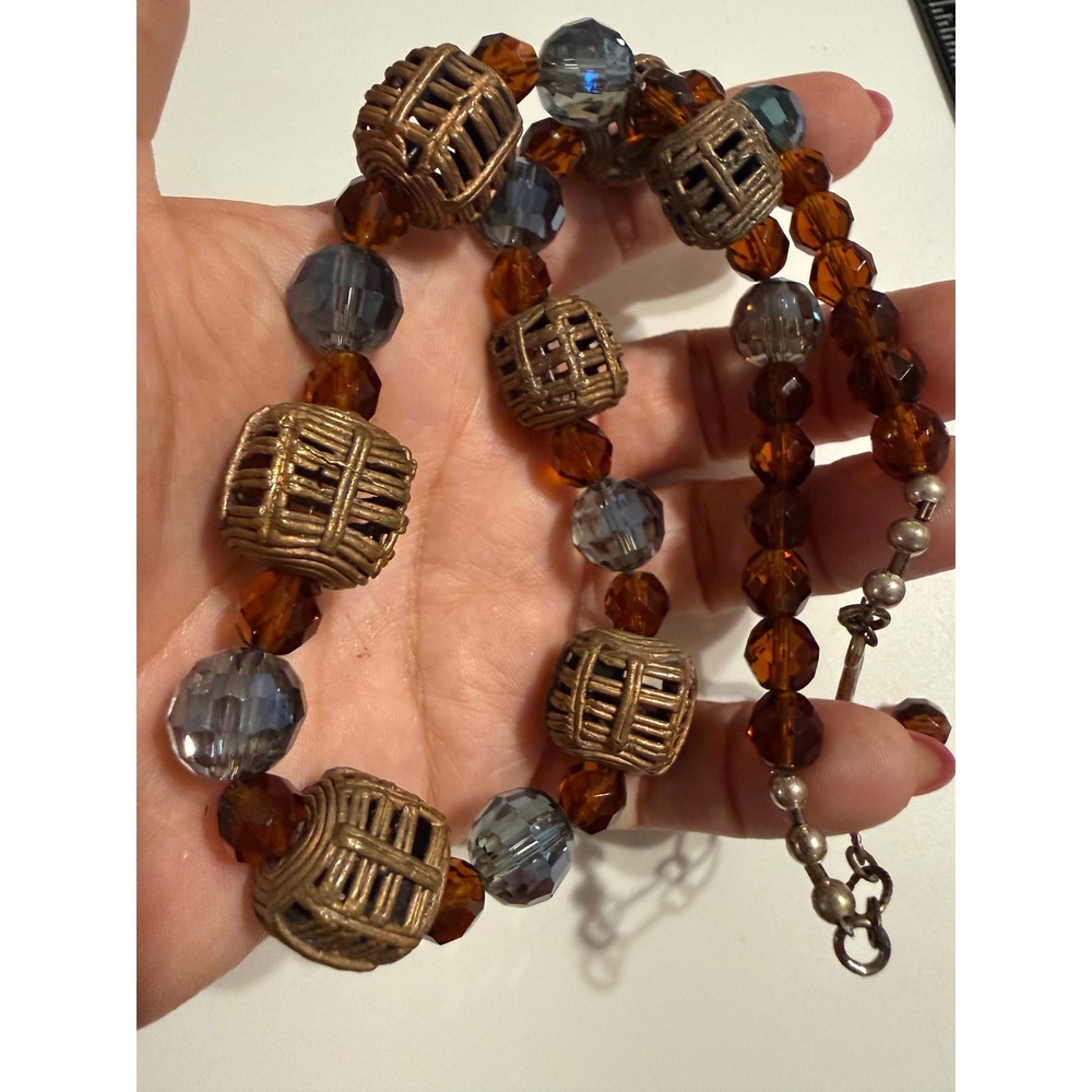 Bohemian Amber Smoky Blue Glass Bead Cage Metal Barrel Necklace S-Hook Clasp - Picture 4 of 4